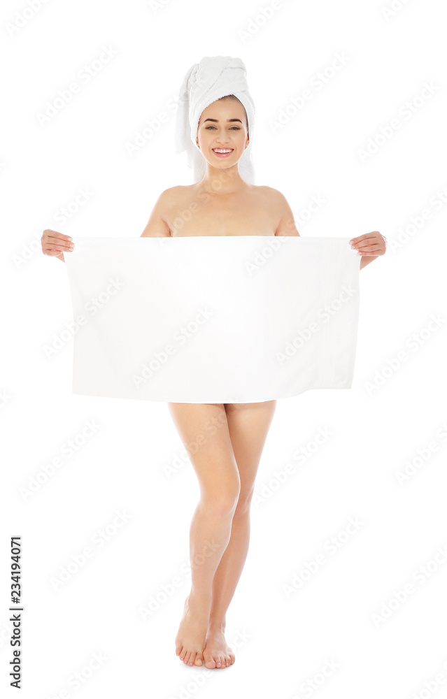 Full length portrait of young pretty woman with towels on white background Full length portrait of young pretty woman with towels on white background
