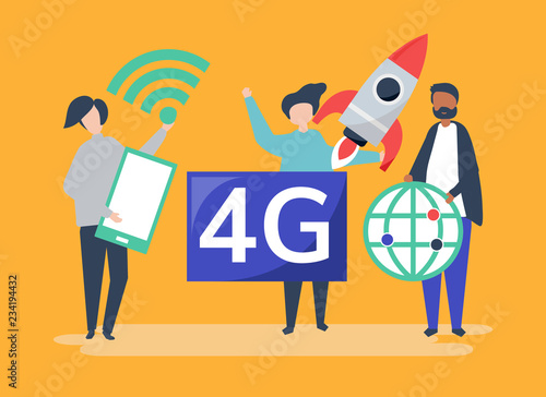 Character illustration of people with 4g icon