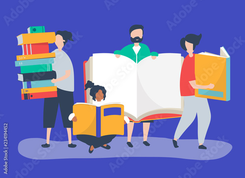 Group of people reading and borrowing books