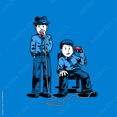 Canvas Print Two detectives talking through cups illustration