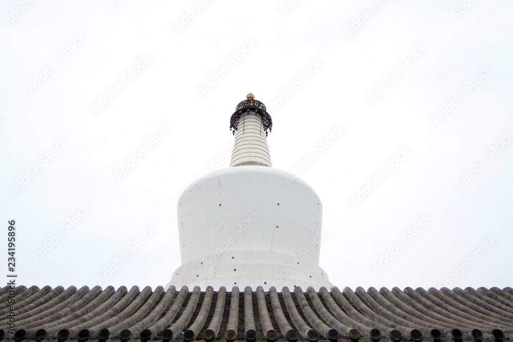 White pagoda architectural landscape in the Beihai Park，Beijing, China