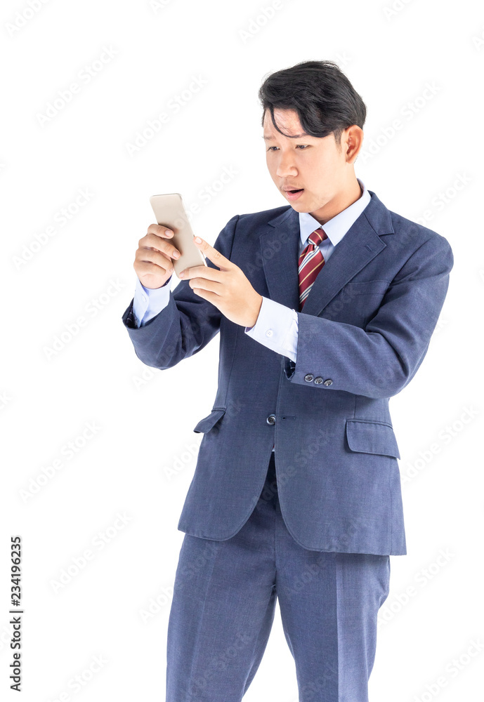 Business men portrait holding phone isolated on white Business men portrait holding phone isolated on white