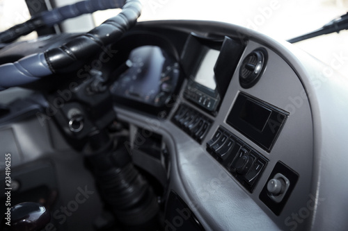Professional driver s cab in modern bus  view of dashboard