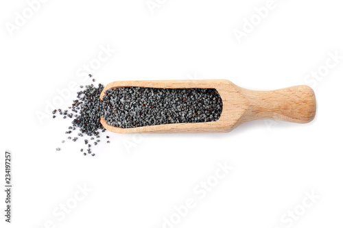 Poppy seeds and wooden scoop on white background, top view