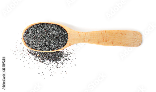 Poppy seeds and wooden spoon on white background, top view