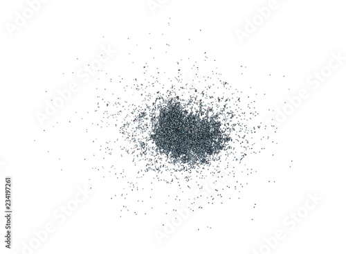 Poppy seeds scattered on white background, top view