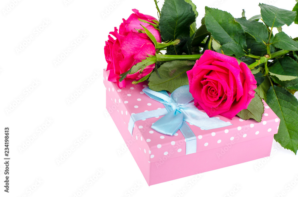 Beautiful bouquet of roses and gift box for holiday Beautiful bouquet of roses and gift box for holiday