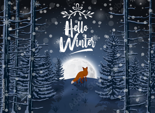 Happy Winter with evening Forest Landscape and fox animal