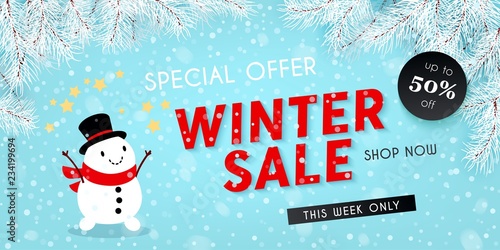 Winter sale, seasonal horizontal banner with snowman, snowfall, snow, vector
