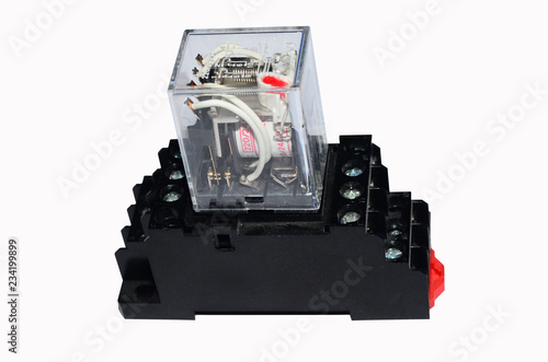 Bilde på lerret Electrical auxiliary relay in transparent plastic cases and black socket on whit