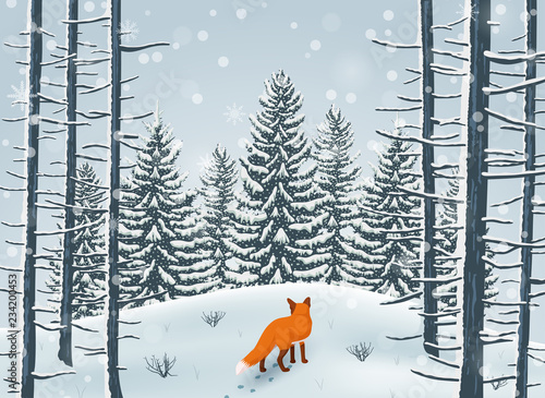 Happy Winter with Forest Landscape and fox animal