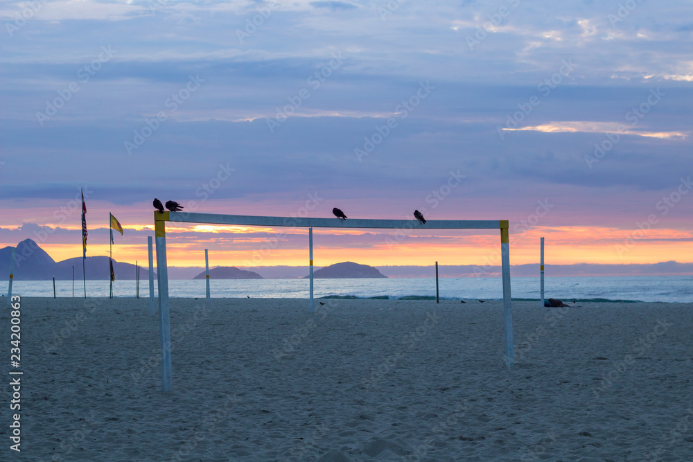 shore of Copacabana beach at sunrise with birds on top of soccer goal