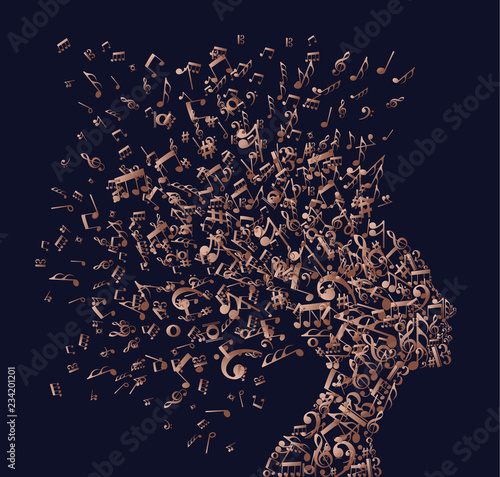 Copper woman head with music notes concept