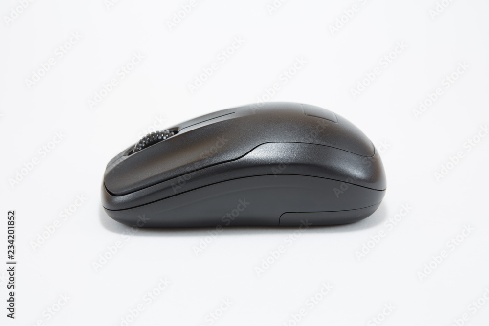 Black wireless mouse on white background Black wireless mouse on white background