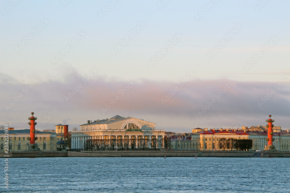 Russia, St. Petersburg, view of the Spit of Vasilyevsky Island at dawn