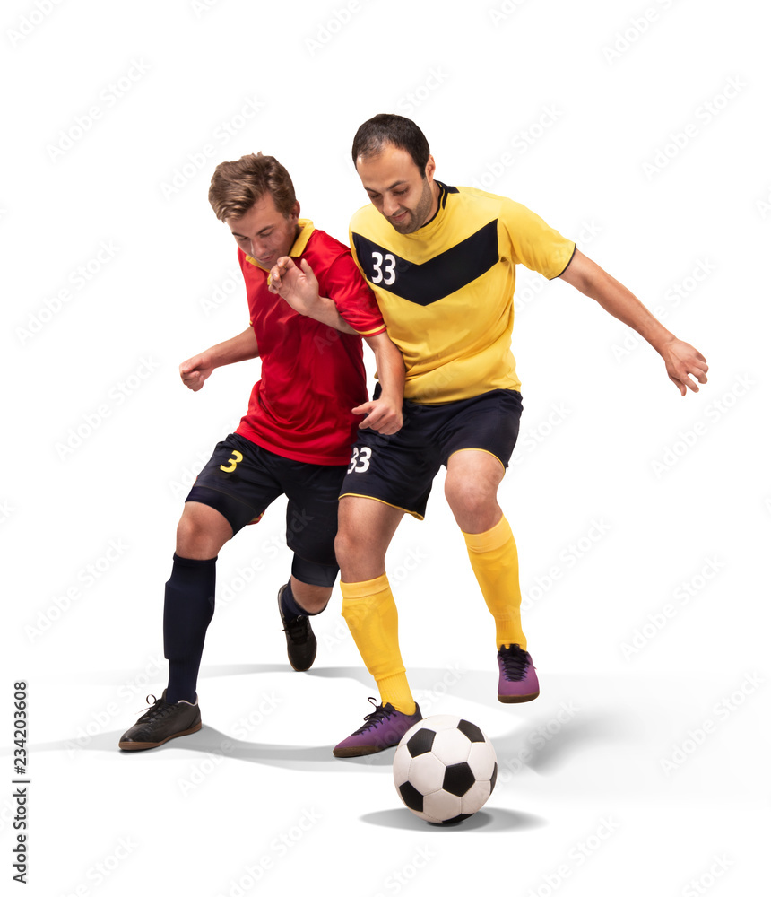 two fotball players struggling for the ball isolated on white