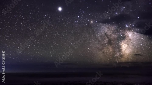 Night timelapse with spectacular view of the stars and Milky Way rotating across the sky. Shot in Kaikoura, New Zealand. Nicely complemented by few scattered clouds. photo