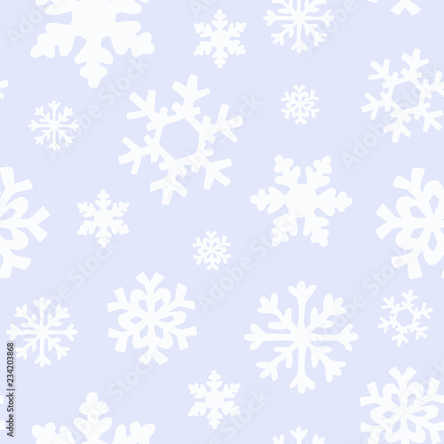 Winter Christmas pattern with white and silver silhouettes of snowflakes, berries, leaves, branches, snowman, trees. Texture for new year wallpapers, scrapbook, invitations, packaging, textiles, fabri