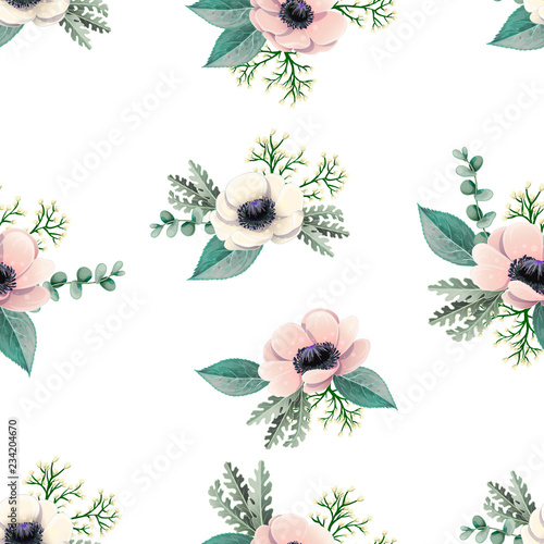 Seamless pattern with anemone flowers. Vector.