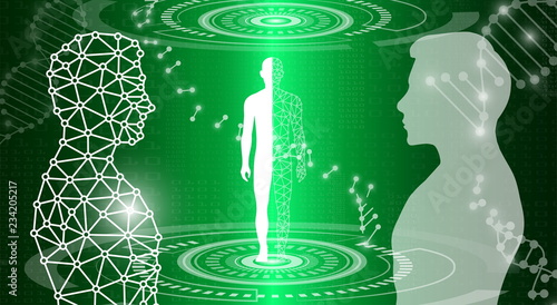 abstract background technology concept in green light,human body heal,technology modern medical science in future and global international medical with tests analysis clone DNA human