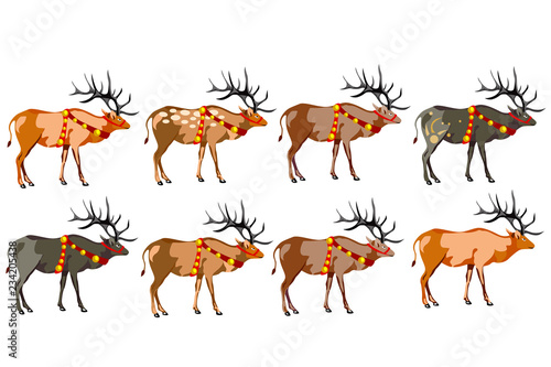 A set of eight deer of different colors.