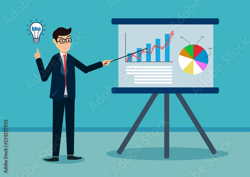 Businessmen are presenting a report infographics on the office chart board. cartoon vector illustration