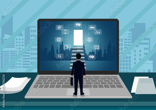 Laptop screen view of a businessman standing in front of the screen. walk up the stair to the door. step up the ladder to success goal in life and progress in the job. business finance concept.