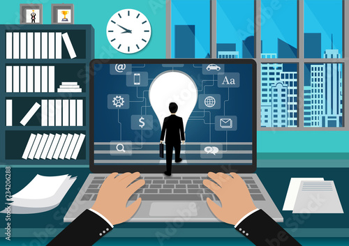 Laptop screen view of a businessman standing in front of the screen. walk up the stair to the door light bulb. step up the ladder to success goal. leadership. business finance concept. cartoon