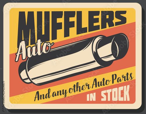 Mufflers car spare parts, vector banner