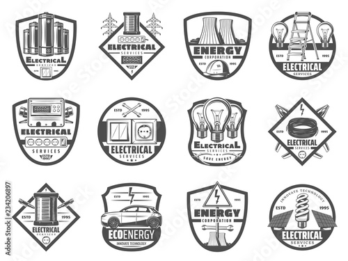 Power and energy industry, monochrome icons