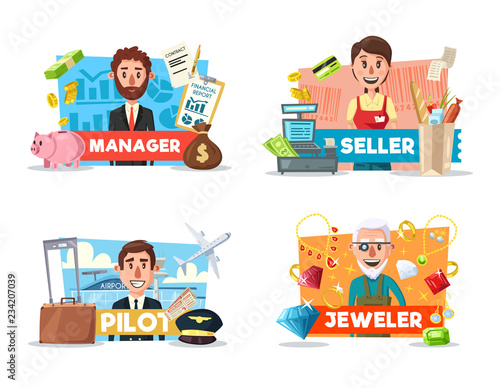 Seller, pilot, manager, jeweler professions vector