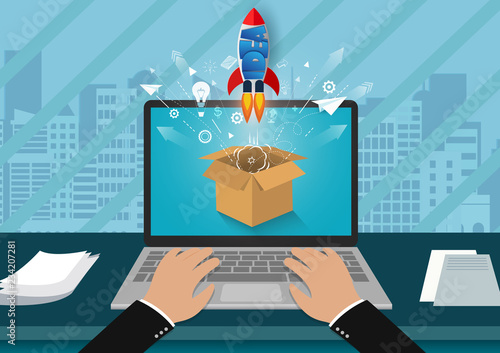 point of view hand typing modern keyboard. think outside the box. space shuttle ejected from the computer screen. start up business concept. creative idea. leadership. cartoon vector illustration