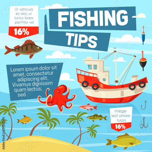 Fishery and fishing from boat, vector
