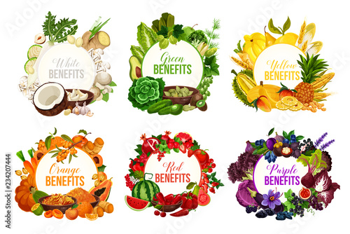 Detox color diet icons with fruits and vegetables