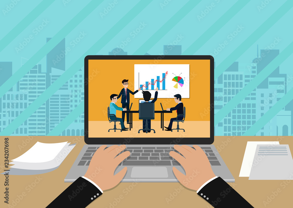 teamwork business meeting concept. businessmen help to brainstorm modern idea and to achieve success and rise. hand typing white modern keyboard on notebook. business finance concept. cartoon vector teamwork business meeting concept. businessmen help to brainstorm modern idea and to achieve success and rise. hand typing white modern keyboard on notebook. business finance concept. cartoon vector