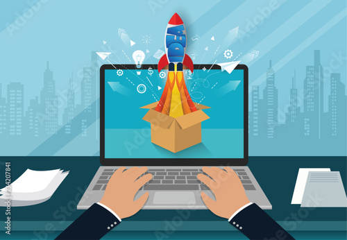 point of view hand typing modern keyboard. think outside the box. space shuttle ejected from the computer screen. start up business concept. creative idea. leadership. cartoon vector illustration