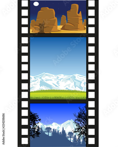 Film from camera with landscape on white background