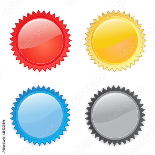 4 starburst, bursts / labels in red, yellow, blue and black flat vector icons on white background
