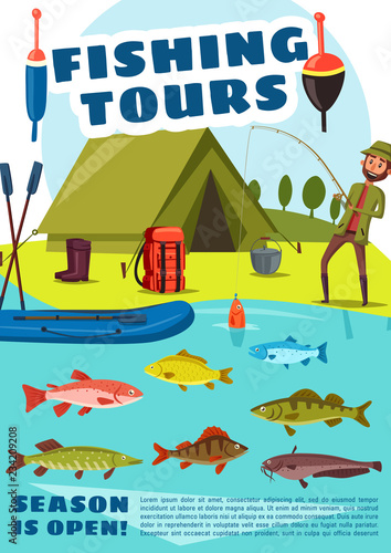 Fishing sport tours with camping, vector