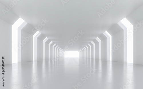 Illuminated corridor interior design. 3D rendering.