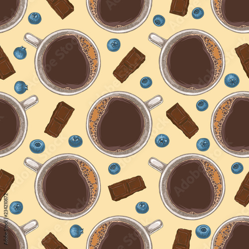 Seamless Pattern. Coffee, Chocolate and Blueberry