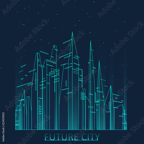 Future city skyline illustration. Graphic concept for your design, linear style.