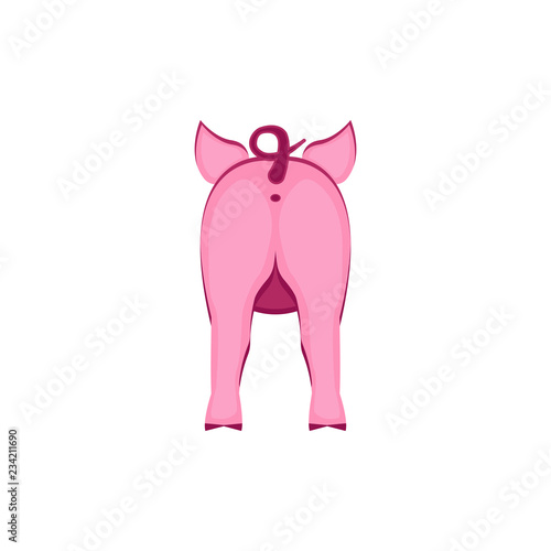 Pig butt illustration. Piggy with a tail back view. Animal symbol of the Chinese New Year 2019