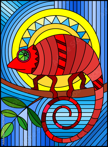 Illustration in stained glass style with abstract geometric red chameleon on a blue background with sun 