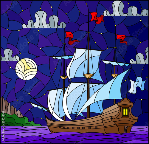 Illustration in stained glass style with sailboats with hite sails against the starry sky, the sea and the moon