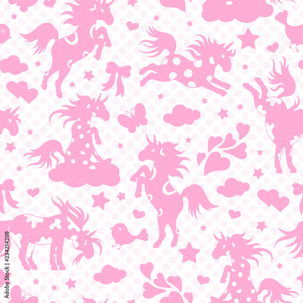 Seamless pattern with funny cartoon unicorns, hearts and stars , pink  silhouette icons on white polka dot background