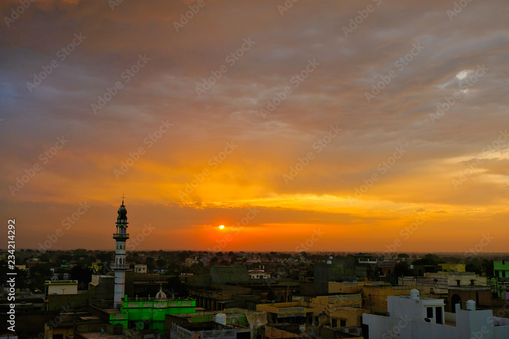 Sunset and sunrise over the old town of Mandawa, Rajasthan, India.