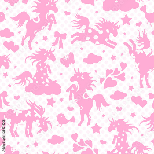 Seamless pattern with funny cartoon unicorns, hearts and stars , pink silhouette icons on white polka dot background