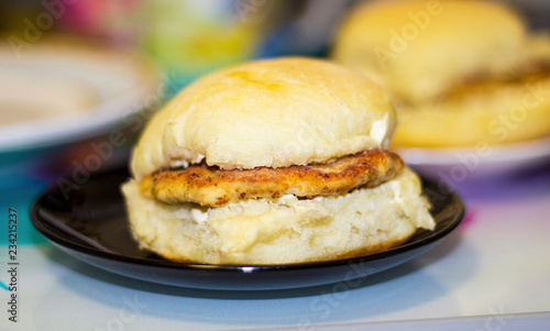 Homemade homemade Burger with a cutlet on a plate