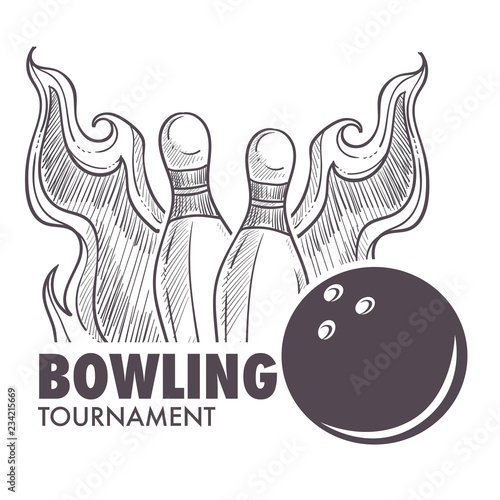 Bowling league poster with ball and skittle monochrome sketch outline vector.